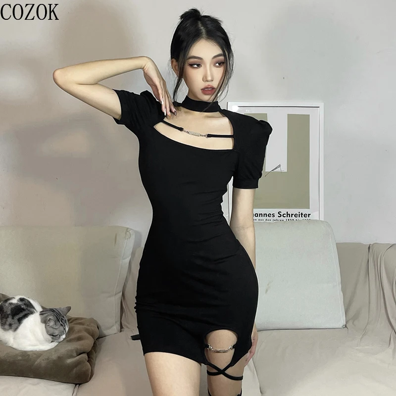 

Cozok Sexy Hot Girl Bi Spare Heart Machine Hollow out Puff Sleeve Dress Female All-Match Slimming Dress above Knee, Mini