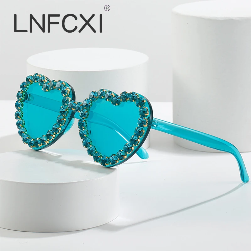 

LNFCXI Vintage Blue Sexy Heart Sunglasses for Women New Luxury Brand Diamond Sun Glasses Ladies Retro Hip Hop Cool Eyewear