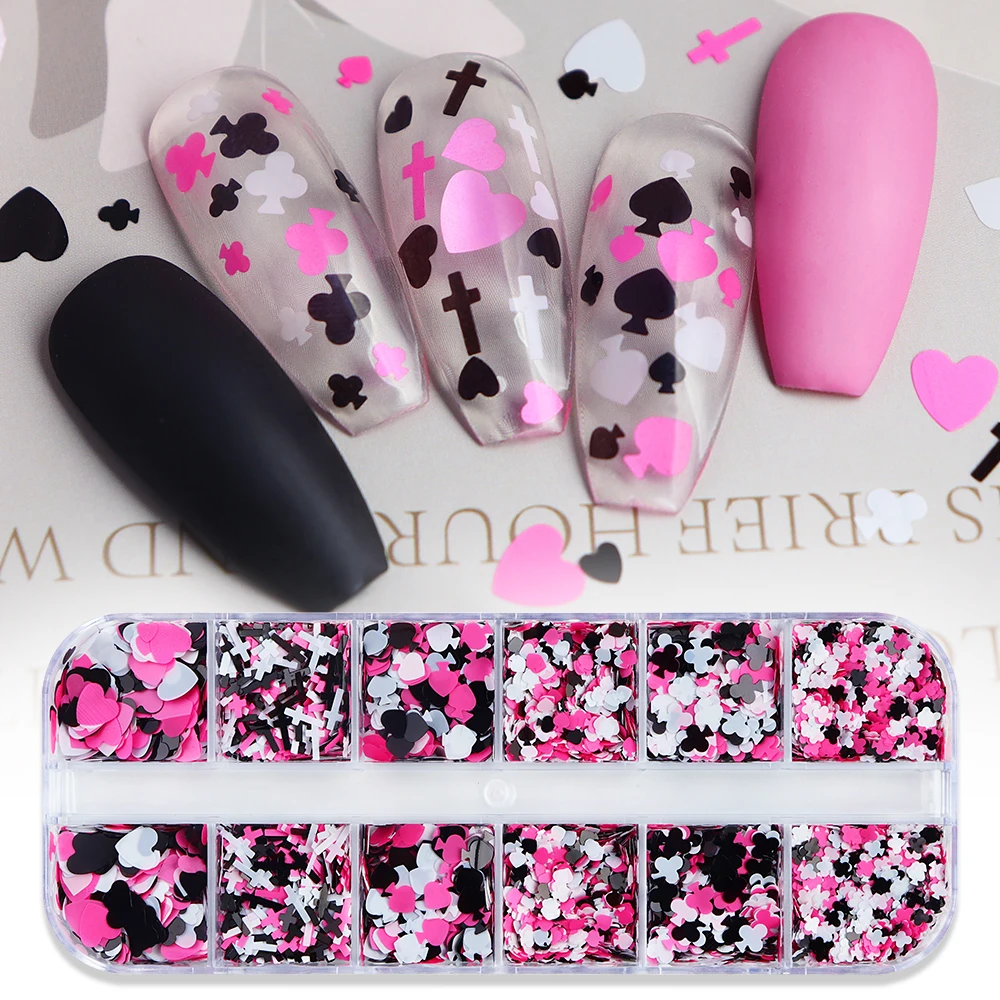 Крутой розовый черный блеск для ногтей крутой покер Крест Дизайн ногтей украшение Любовь Сердце Слива пайетки детали маникюрные аксессуары