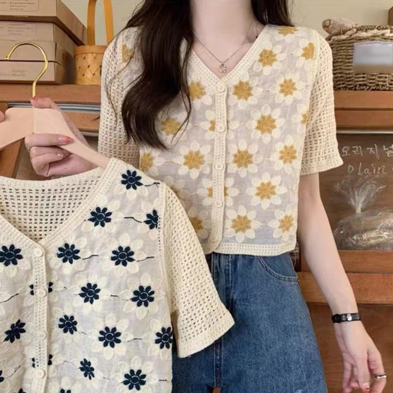 

H9ED женские летние хлопковые вязаные крючком Ретро укороченные вязаные кардиганы с цветочной вышивкой
