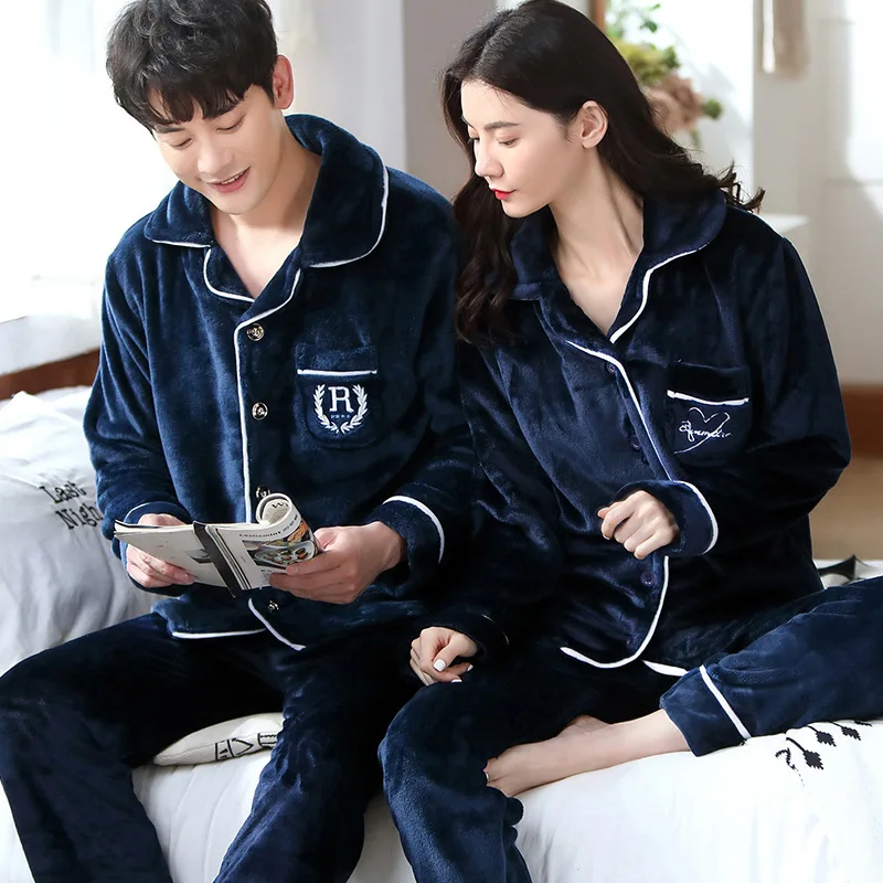 New Couple Pajamas Set Autumn Winter Soft Thicken Flannel White Pajamas Women Men Pyjamas Long Sleeve Sleepwear Lovers Pijama
