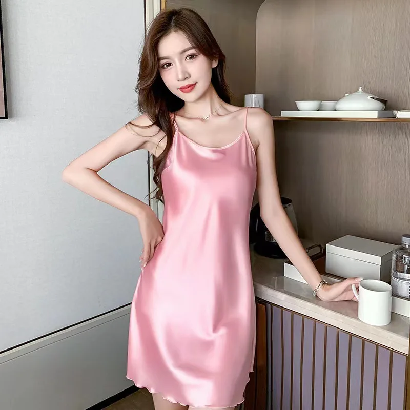 Sexy Pajamas Women's Silk Suspender Nightdress Ladies Spring and Summer Ice Silk Thin Halter Home Service Can Be Worn Outside