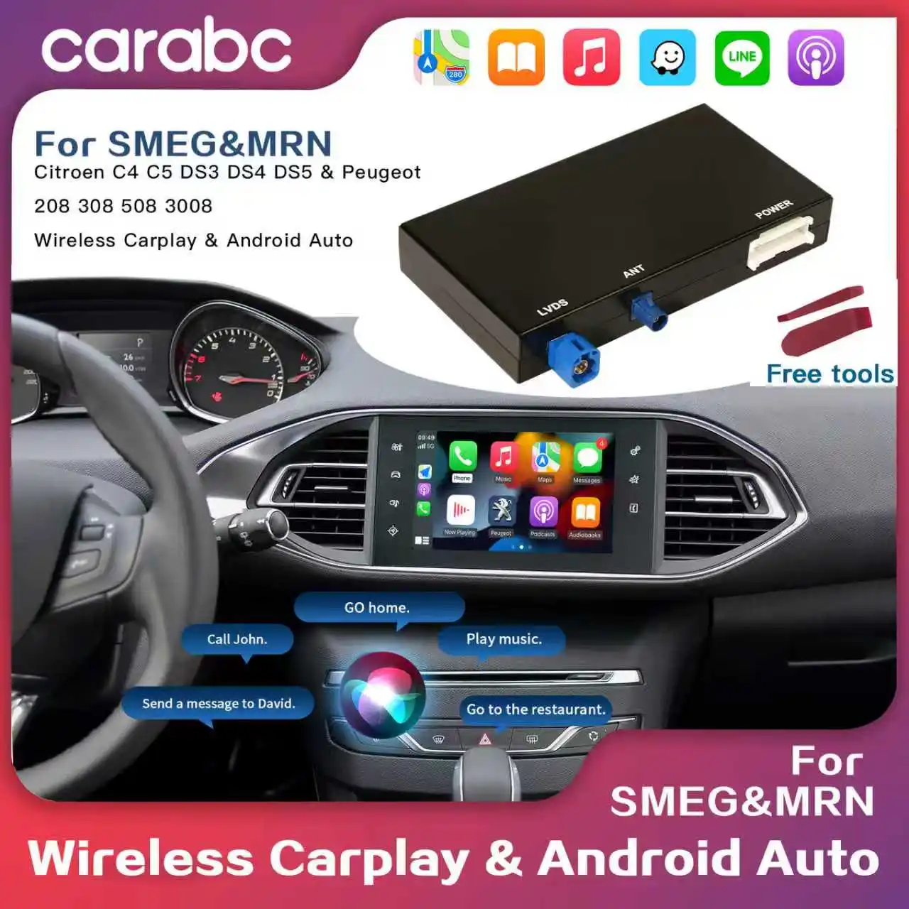 Фото Беспроводная коробка CARABC для Peugeot Citroen SMEG + Picasso C4 C5 DS4 DS3 308 508 208 3008 5008 Модуль Android Auto AirPlay №2
