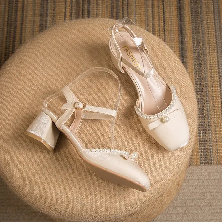 

Square Toe High Heel Sandal for Women Shoes Lady 2022 Suit Female Beige Med Mary Jane High-heeled Comfort New Bow Summer Closed