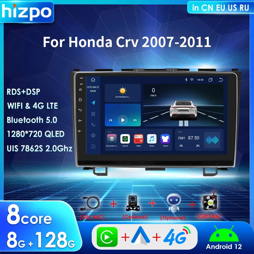 

Hizpo Carplay экран для Honda CRV 2007-2012 радио 2 Din интеллектуальная система Android 12 мультимедийный плеер GPS Navi RDS DSP BT