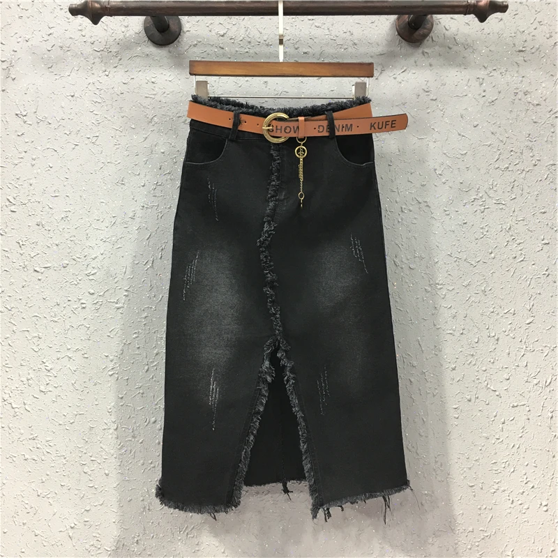 

Black denim skirt women's spring new European tassel irregular elastic split bodycon skirt