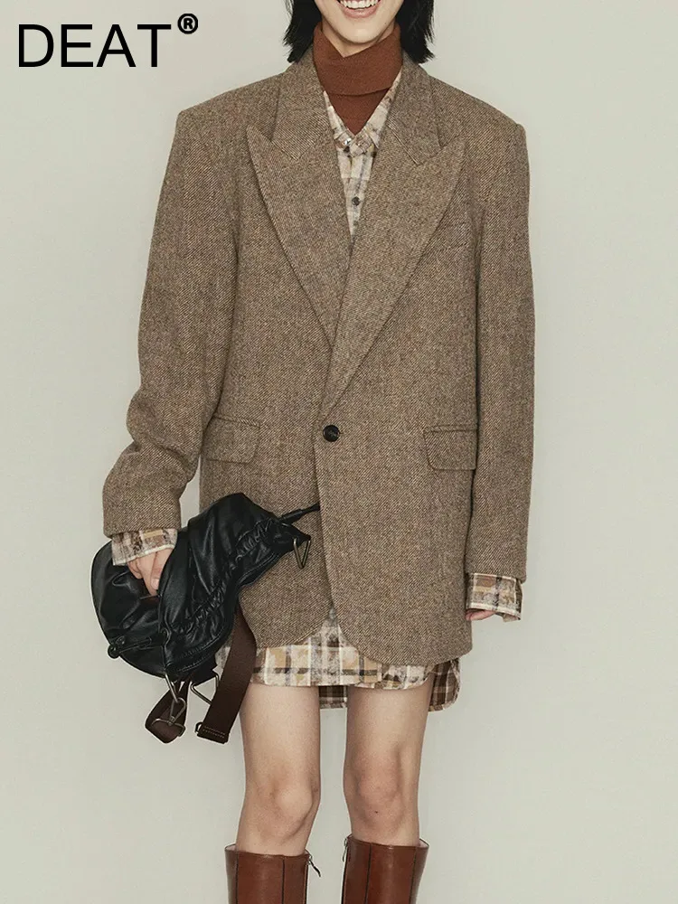 

Женский однотонный шерстяной Блейзер DEAT, свободный шерстяной пиджак с отложным воротником и длинными рукавами, на одной пуговице, с карманами, на осень, 7AB1657, 2023