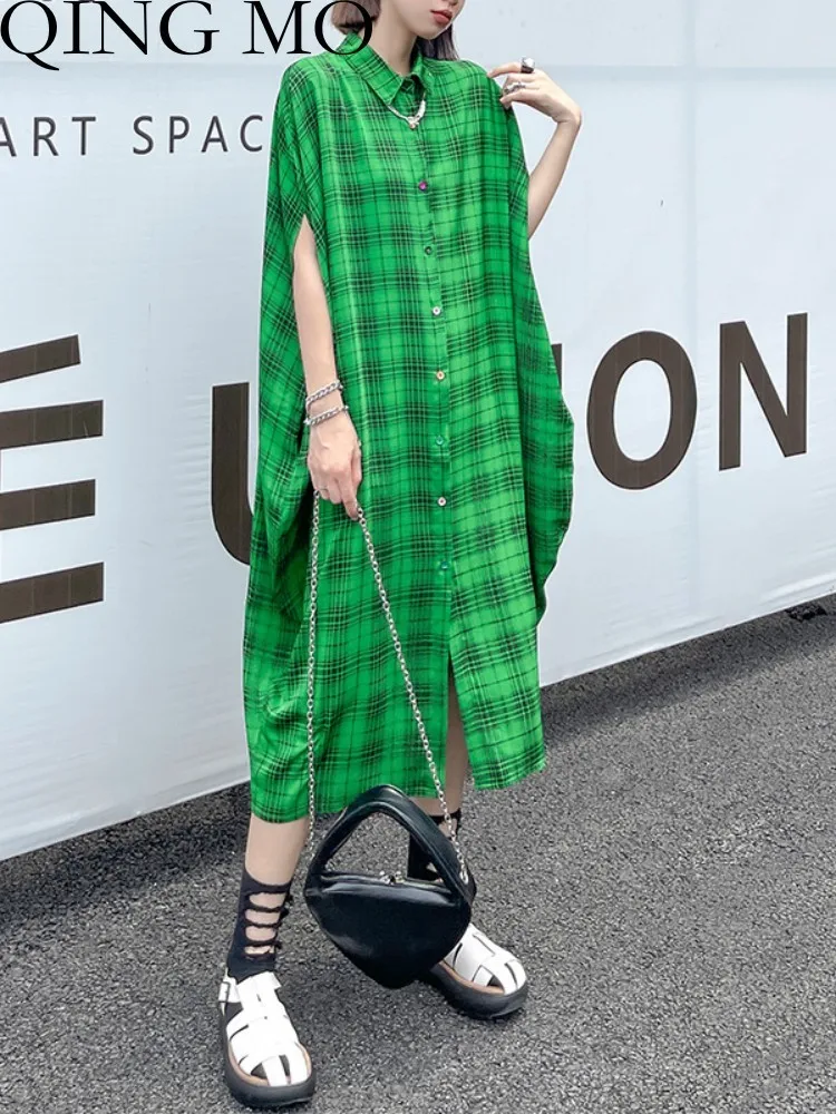 

QING MO Green Plaid Bat Sleeve Lined Dress Women 2023 Summer New Thin Button Loose Swing Dress ZXF3218