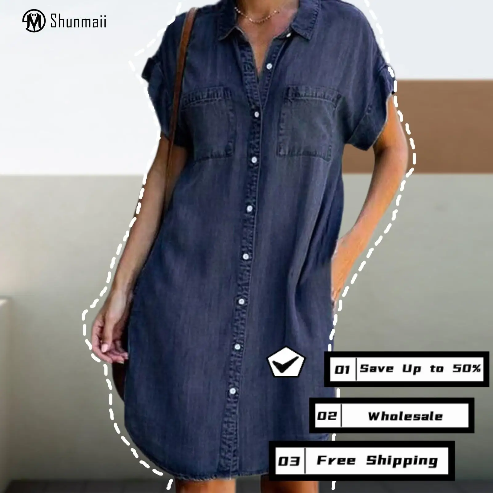 

Women Loose Jean Dress with Pocket Distressed Denim Dress Trendy Solid Color Daily Commuting Dress