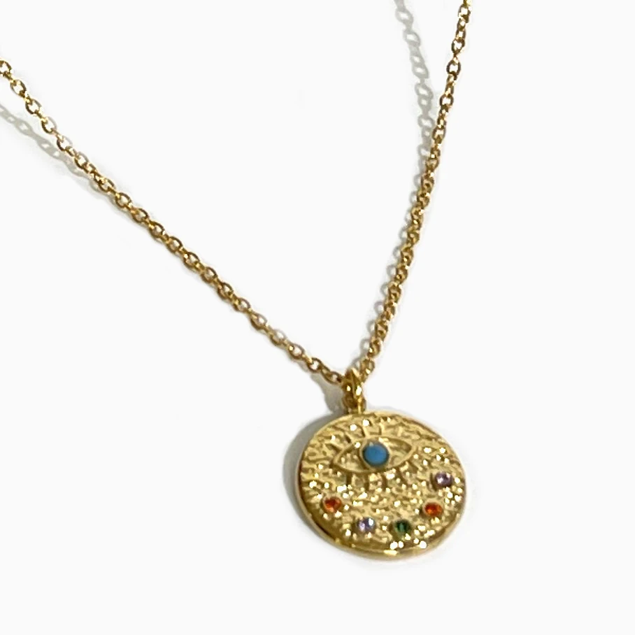 

Peri'sbox Stainless Steel Gold Pvd Plated Evil Eye Coin Pendant Necklace with Turquoise Dainty Boho Cz Necklaces Water-Resistant