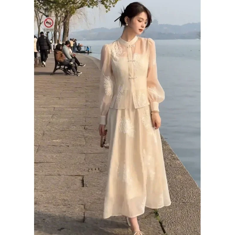 Элегантный светский стиль женское весеннее новое китайское платье топ комплект