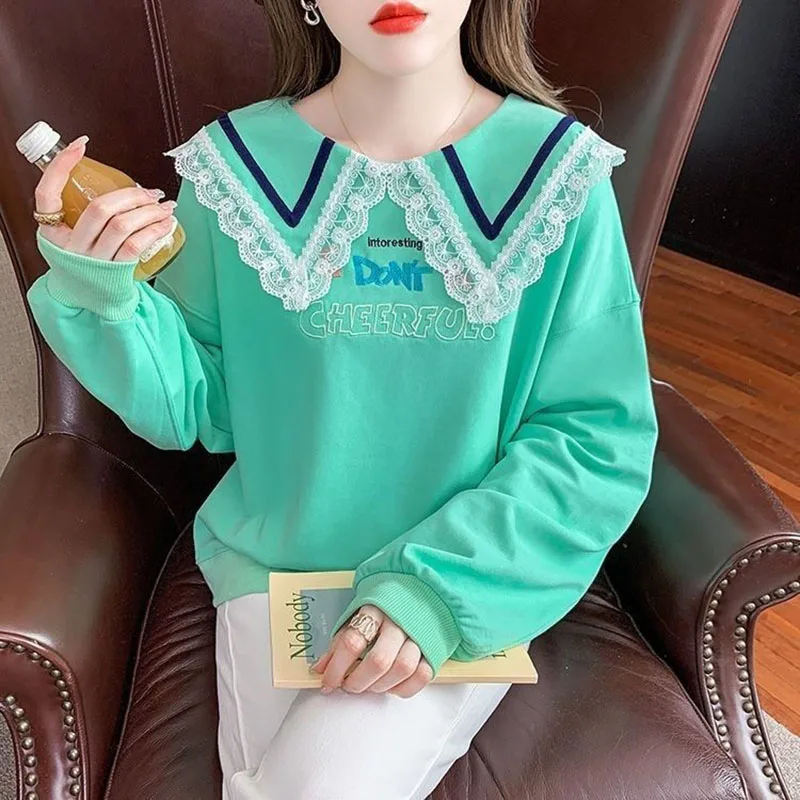 Кружевная футболка с вышивкой милого Питера Пэна женская одежда Новинка осени 2023