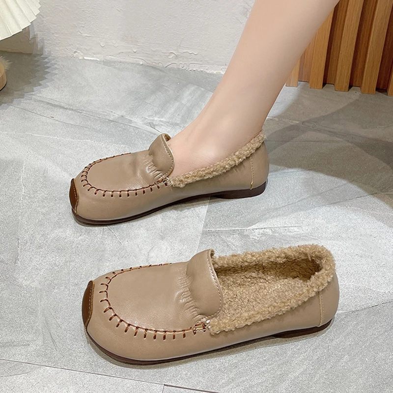 

Shallow Mouth Shoes Woman Flats Casual Female Sneakers Slip-on Loafers Fur Round Toe Dress Slip On Moccasin New Winter Leisure R