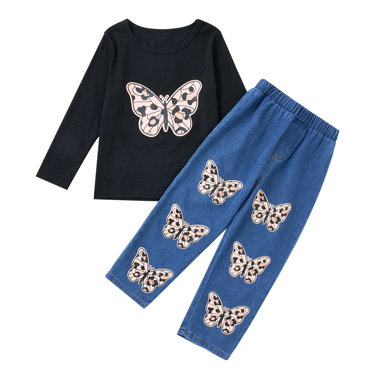 

LAPA 4-12Y Girls Clothes Spring/Autumn Round Neck Outfit Long Sleeve Pants Jeans Set Casual Costume
