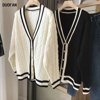 duofan v neck knitted cardigan oversized girl sweater long sleeve fashion autumn twist contrast color preppy style women sweater
