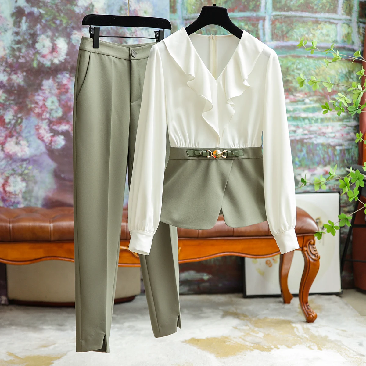 

2023 Autumn New Wooden Earring Waisted Fashion Suit Women Personalized Splicing Design Formal Occasion Commuter Solid Pants Suit