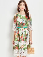 summer runway fashion cotton dress womens lace splicing short sleeve flower print holiday elegant midi dress with belt n429