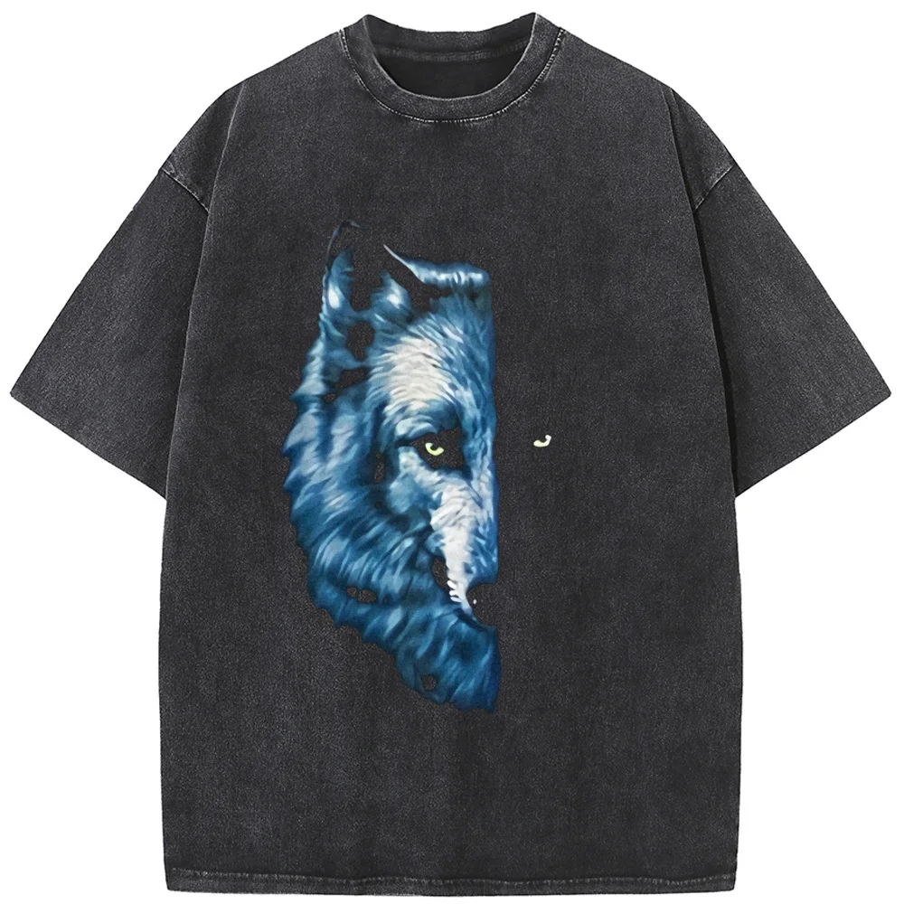 

Wolf Printed Crew Neck Men T-Shirt 230g Cotton O-Neck Washed T-Shirt Novelty Casual Loose Bleach T shirt Summer Bleached Tshirt