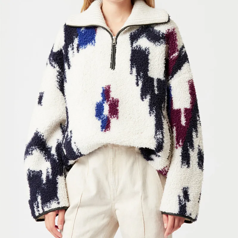 

Женское шерстяное пальто на молнии, винтажный цветной пуловер с отложным воротником и длинным рукавом, в стиле пэчворк, винтажная верхняя о...