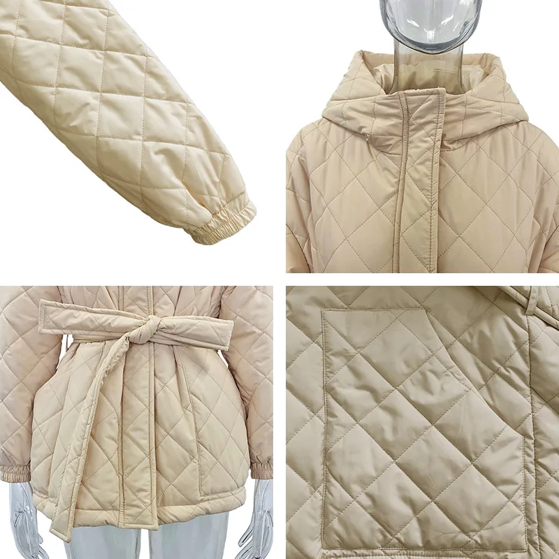 Women Casual Hooded Polyester Cotton Jacket Winter New Female Fashion Solid Thickened Parka Belt Elegant Ladies Cotton Coats
