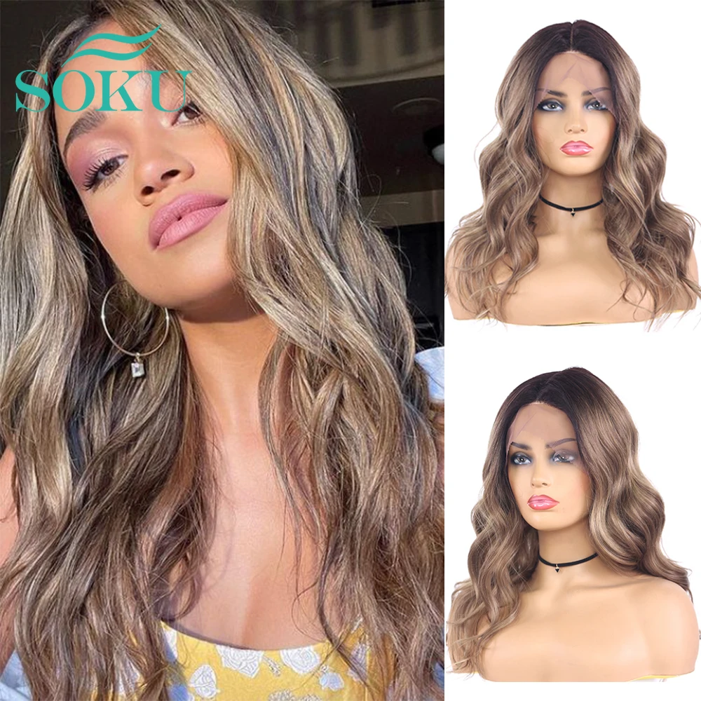 

Synthetic Lace Front Wigs Middle Part Wig SOKU Ombre Brown Shoulder Length 14 inch Heat Resistant Lace Hairline For Black Women