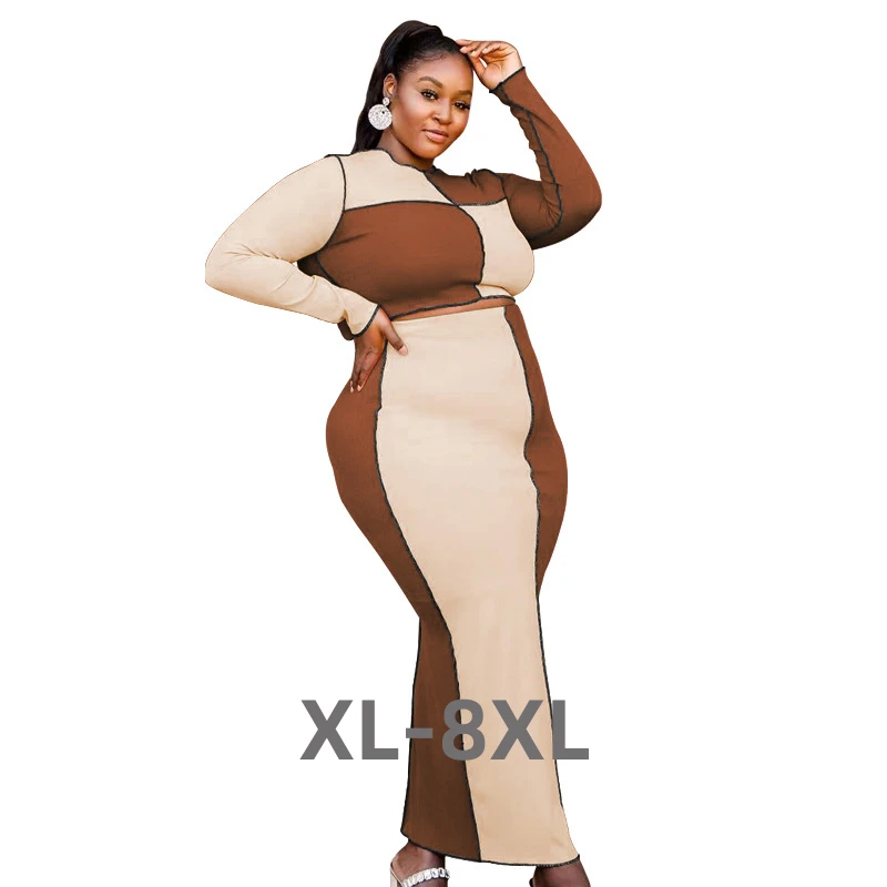 

Plus Size 2 Piece Set Women Skirt Set Long Sleeve Knitting Top and Midi Dress Bodycon Casual Sexy Outfit 3xl 4xl 5xl 6xl