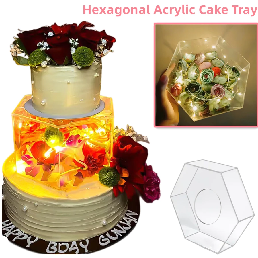 New Hexagonal Transparent Acrylic Cake Display Board Refillable Cake Trays Cake Stand Dessert Box DIY Decoration Cakeboard Base
