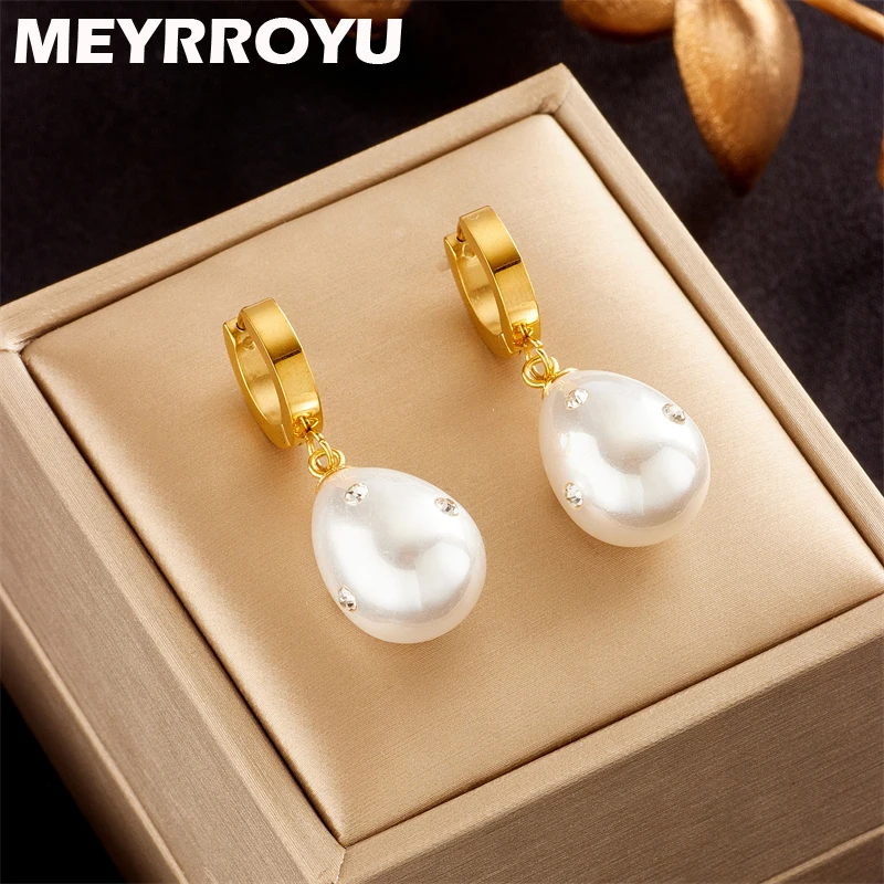 

MEYRROYU 316L Stainless Steel 18K Gold Plated New Luxury Imitate Pearl Drop Earrings For Women Party Gift des boucles d'oreilles