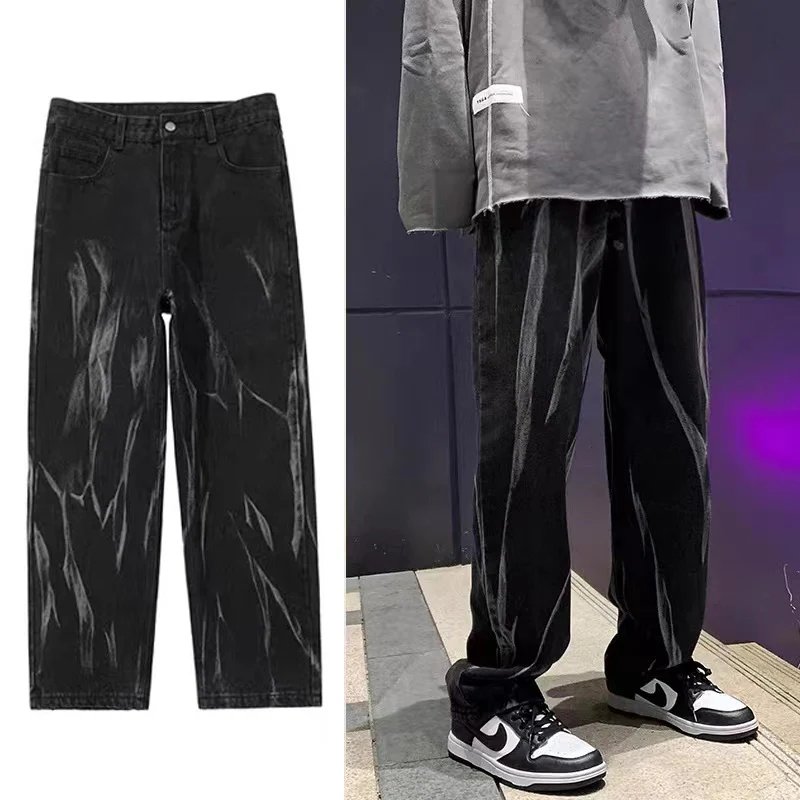 

Vintage Tie Dye Jeans Men's Hip Hop Loose Wide Leg Pants Ripped Streetwear Skateboard Unisex Denim Trousers Women's