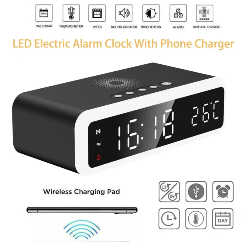 

Digital LED Alarm Clock 15W Fast Charging Wireless Phone Charger Desktop Electric Mirror Clock Thermometer With Snooze Function