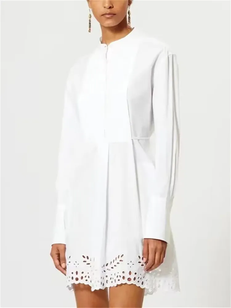 

Female Embroidery Hollow Out Trim Mini Robe Women Stand Collar Lace Up High Waist Pleated Covered Buttons Dress Summer 2023 New
