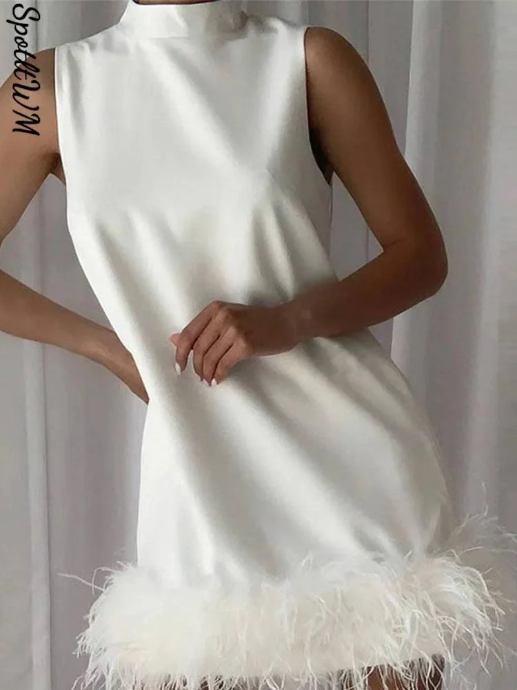 

Kobiety Eleganckie Białe Pióra Bez Rękawów Prosto Mini Sukienka 2023 Lato Kobiet Mody Luźne Wieczór Do Klubu Na Imprezę Suknie