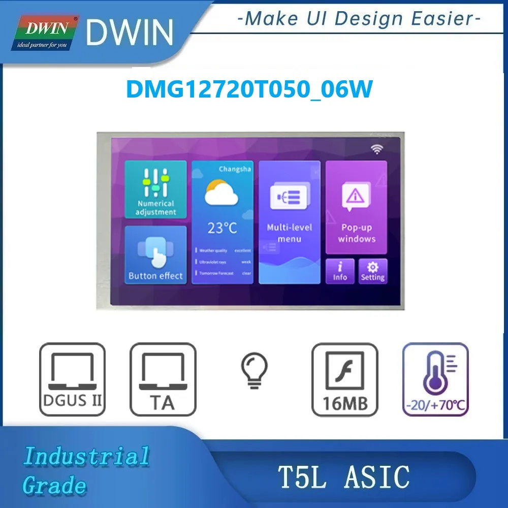 

DWIN TFT LCD Display 5.0 Inch 1280×720 Arduino HMI Smart Screen IPS Touch Panel Industrial Grade UART Module DMG12720T050_06W