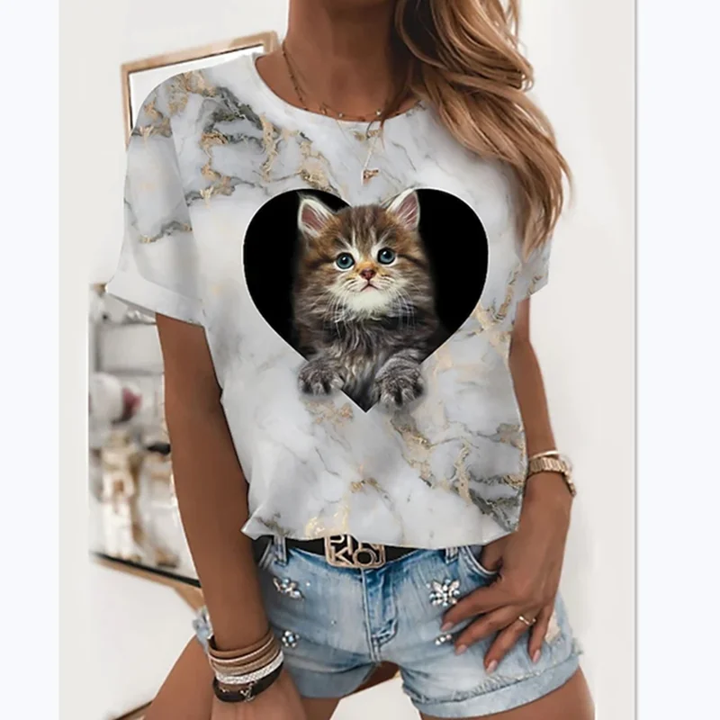 3D cat print T-shirt for woman, basic T-shirt with round neck and 3D cat animal print, casual baggy T-shirt for womens