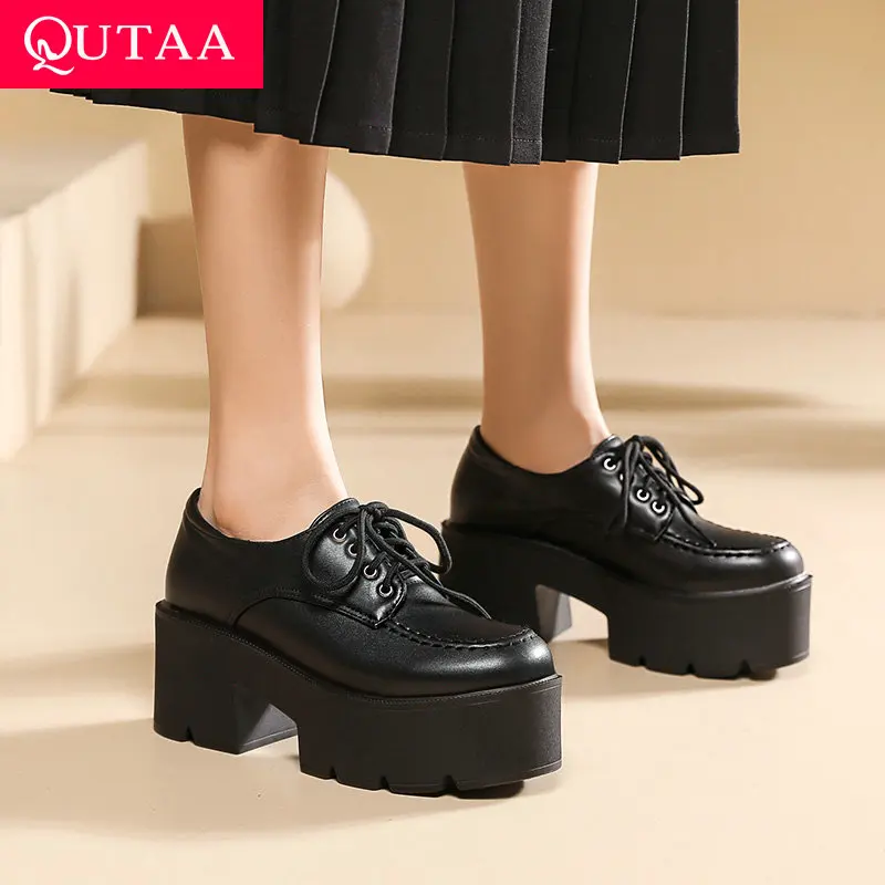 

QUTAA 2022 PU Leather Female Pumps Casual Round Toe Loafers Square High Heel Lace Up Spring Summer Women Shoes Size 34-39