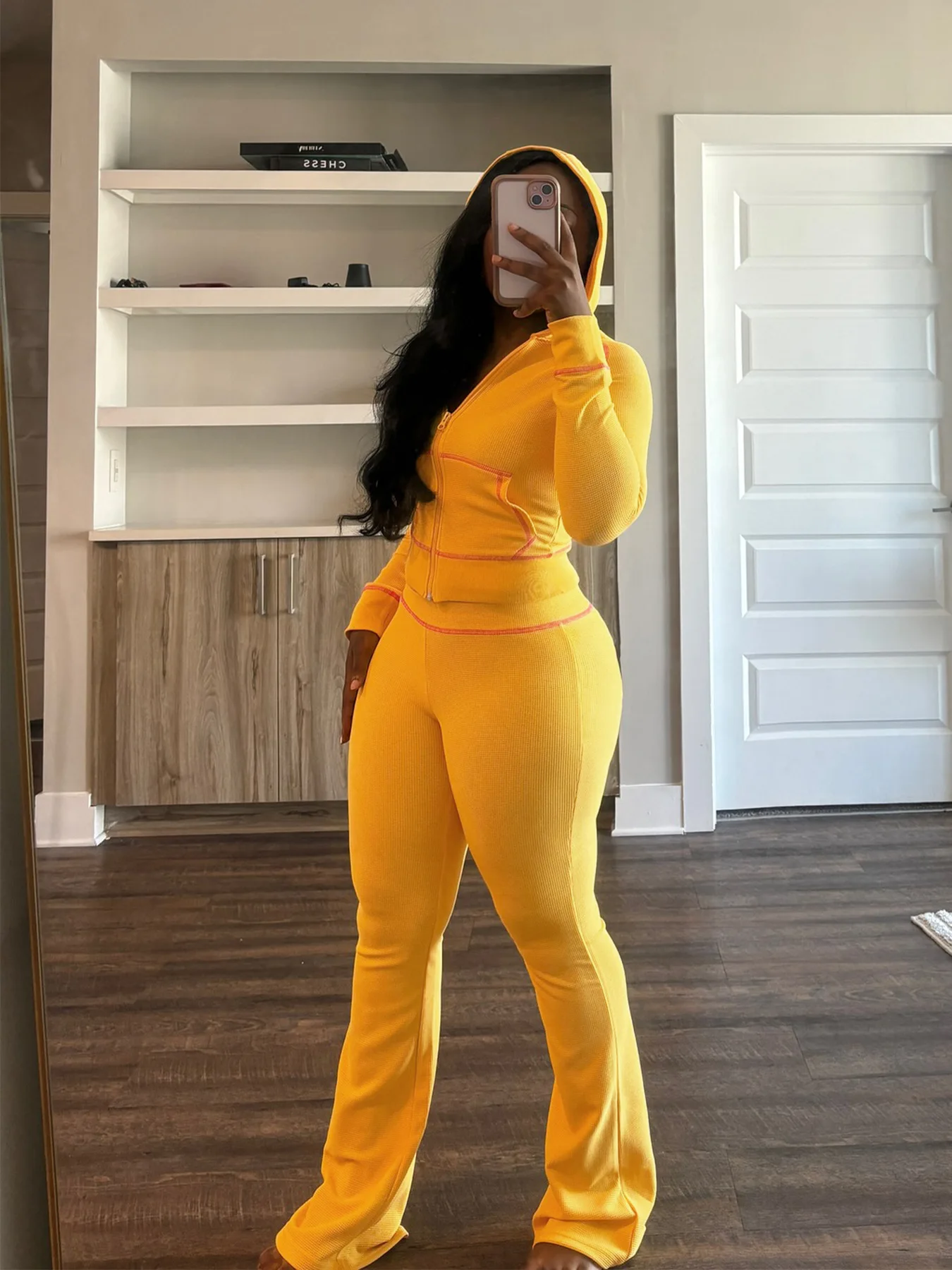 PYMQR розово-красный с длинным рукавом капюшоном CropTop расклешенные брюки для бега