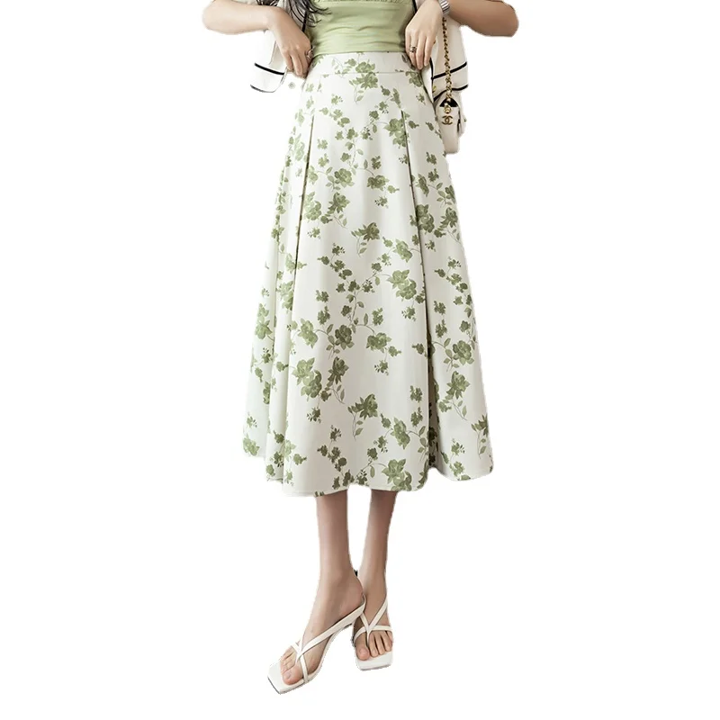 

Mid-length chiffon commuter skirt 2022 new design spring autumn A-line print floral casual empire skirts Korean fashion dress