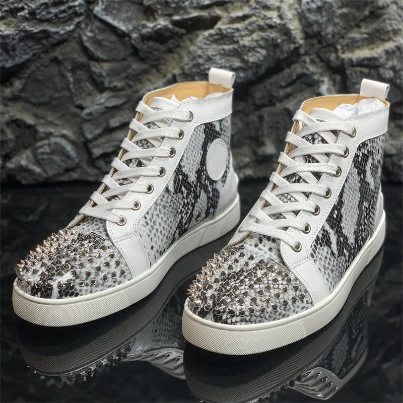 

Luxury Brand High Top Grey Snakeskin Stripes Leather Red Bottoms Rivets Shoes For Men Casual Flats Loafers Women Spikes Sneakers