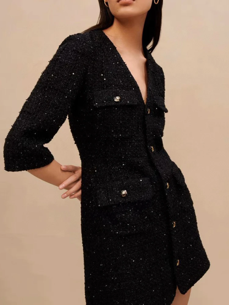 

2023 Women Black Classic Vintage V-neck Pocket Front Tweed Mini Dress France Pairs Fashion