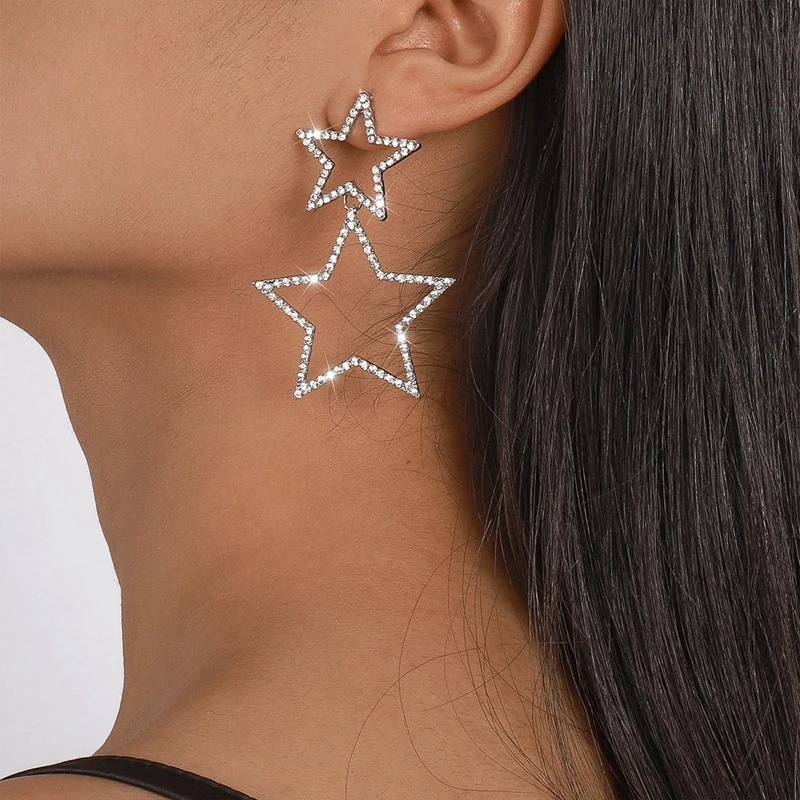 

Double Star Geometric Hollow Pendant Drop Earrings For Women Girls Fashion Crystal Earring Jewelry Party