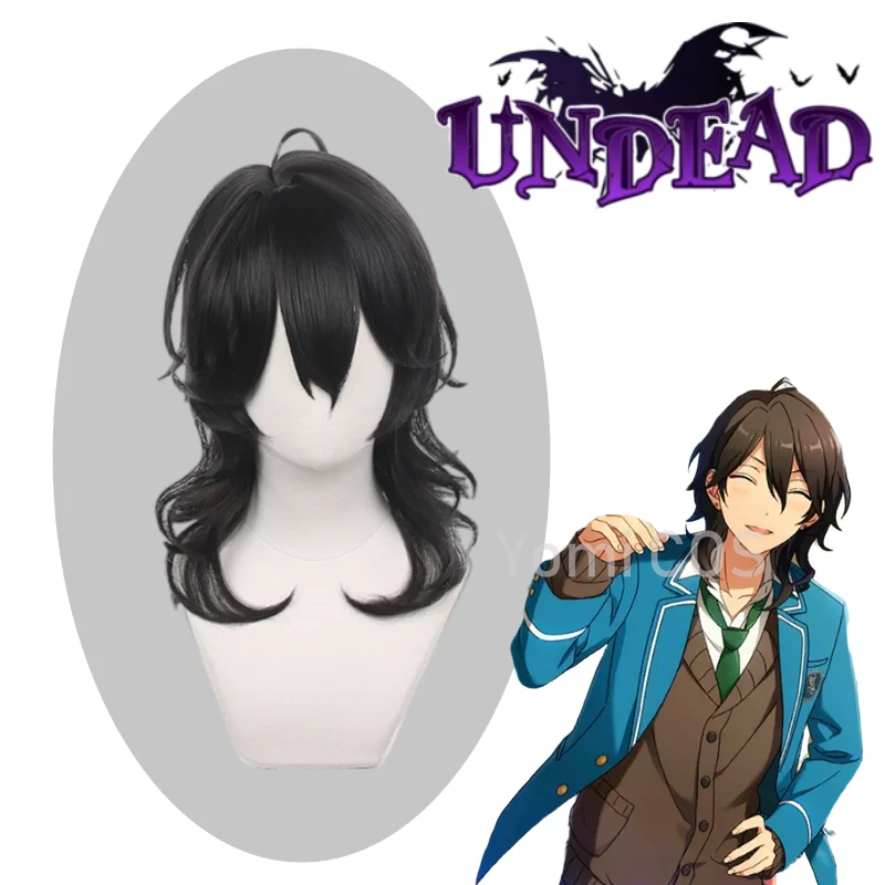 

Game Ensemble Stars Sakuma Rei Cosplay Wig 50cm Short Black Curly Hair Heat Resistant Anime UNDEAD Role Play Halloween Party Wig