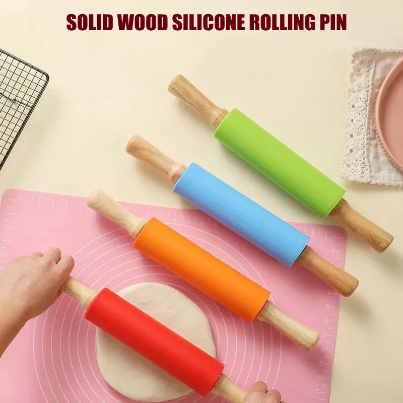 

Non-Stick Silicone Rolling Pin Wooden Handle Pastry Dough Flour Roller Kitchen Cooking Baking Tool for Pasta Cookie Dough Tools