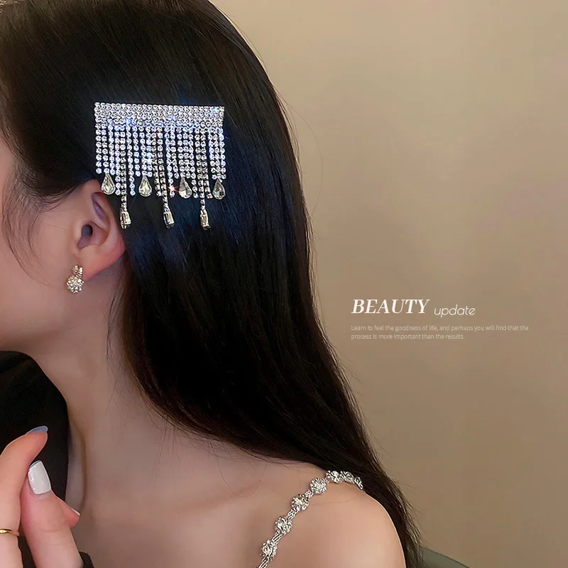 

Minar Fairy Bling Bling Rhinestone Tassel Hair Clip for Women Silver Color Alloy Multi Chains Geometric Barrettes Accessories
