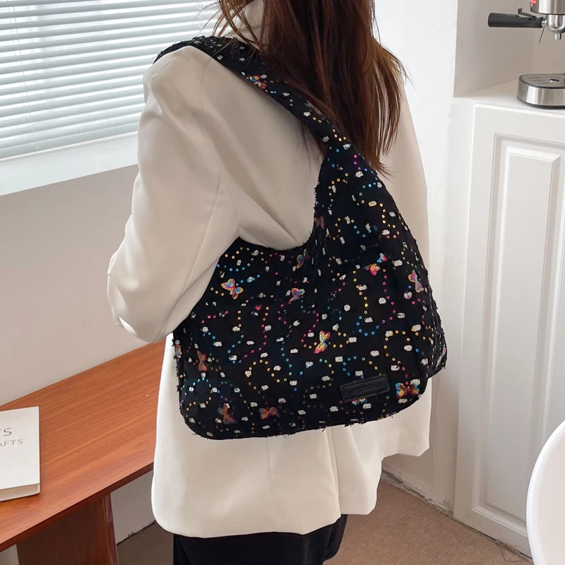 

New Oxford Cloth Capacity Tote Bags for Women Fashion Sequins Armpit Bag Cute Purses and Handbags Luxury Designer Shopping Bag