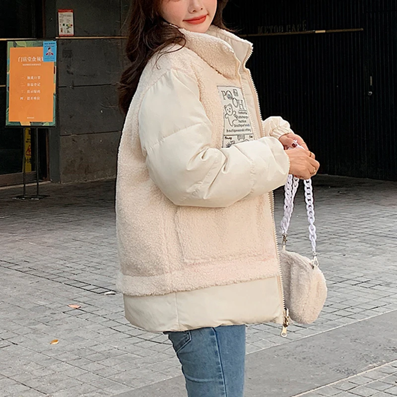 Lamb Wool Stitching Contrast Color Front Back Double-wear Cotton Jacket Pockets Winter 2022 Outerwear
