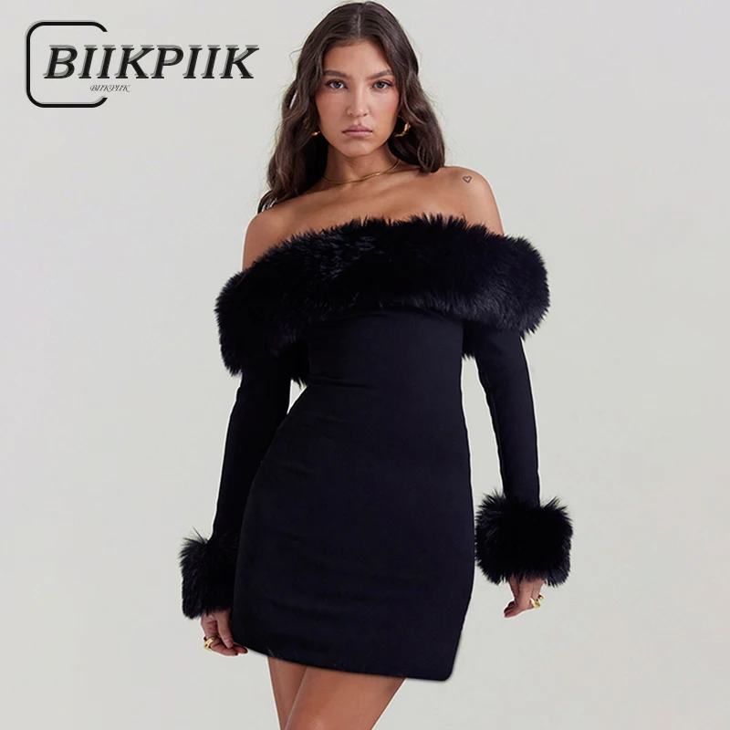 

BIIKPIIK Sexy Slash Neck Fur Patchwork Dress For Women Casual Black Slim Mini Dress Autumn Party Evening Elegent Outfits Concise