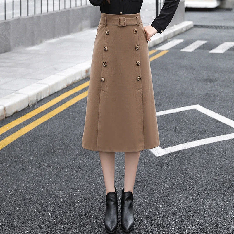 

New Skirt Woolen Cloth Autumn Winter Thicken Women's Split Mid-length A-line Skirt Elastic High Waist Fashion Wild Skirts