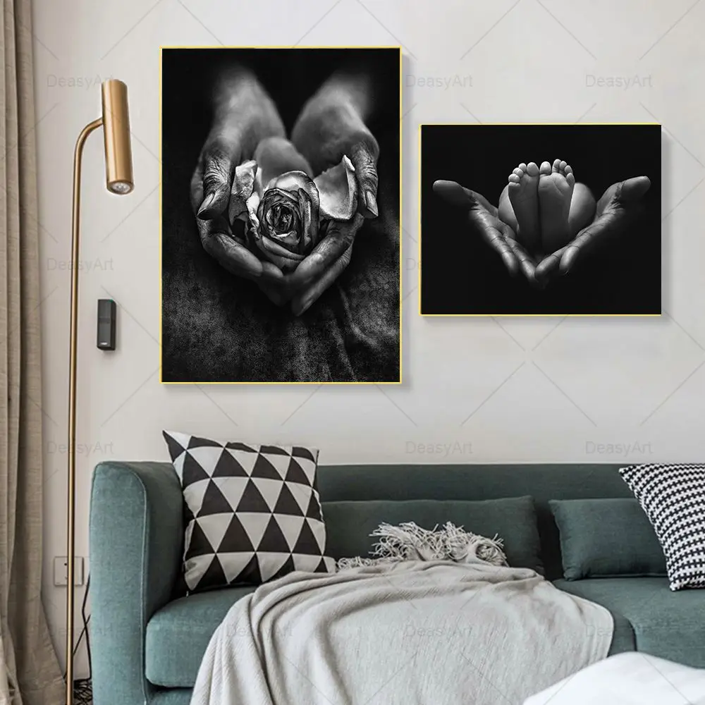 

Black And White Fashion Magazine Cover Poster Holding A Rose Baby Foot Print Canvas Painting Wall Picture Nordic Room Home Decor