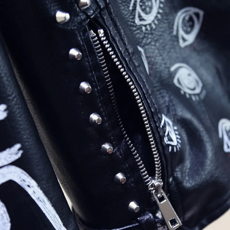 Punk style lapel female pu leather coat epaulette belt printed motorcycle suit leather jacket studded short coat