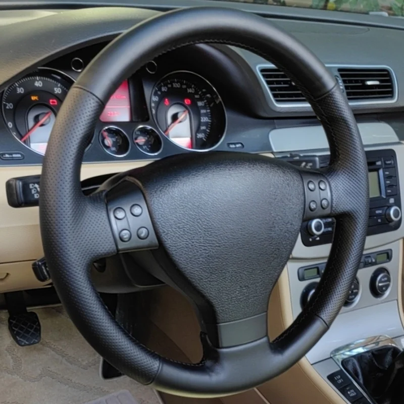 Фото Автомобильный руль из натуральной кожи для Volkswagen Golf 5 Mk5 Passat B6 Mk5 Tiguan 2007, чехол на руль, автомобильные аксессуары №1